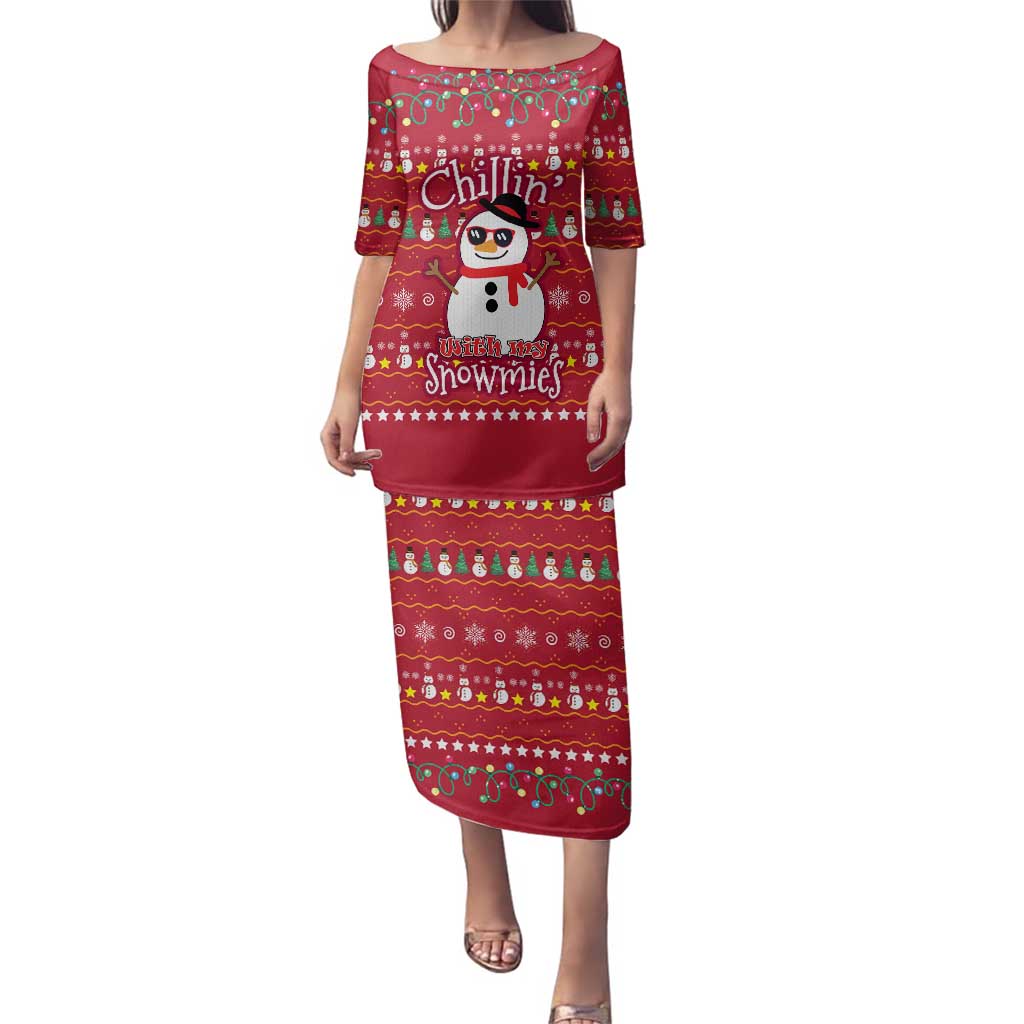 Christmas Chillin With My Snowmies Family Matching Puletasi and Hawaiian Shirt Cool Snowman Red Snowflake Light String - Wonder Print Shop