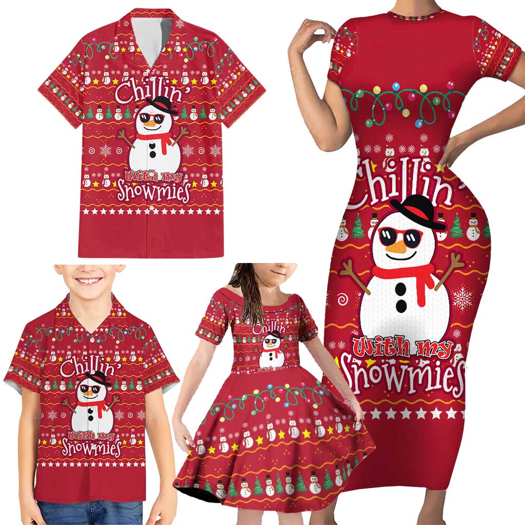 Christmas Chillin With My Snowmies Family Matching Short Sleeve Bodycon Dress and Hawaiian Shirt Cool Snowman Red Snowflake Light String - Wonder Print Shop