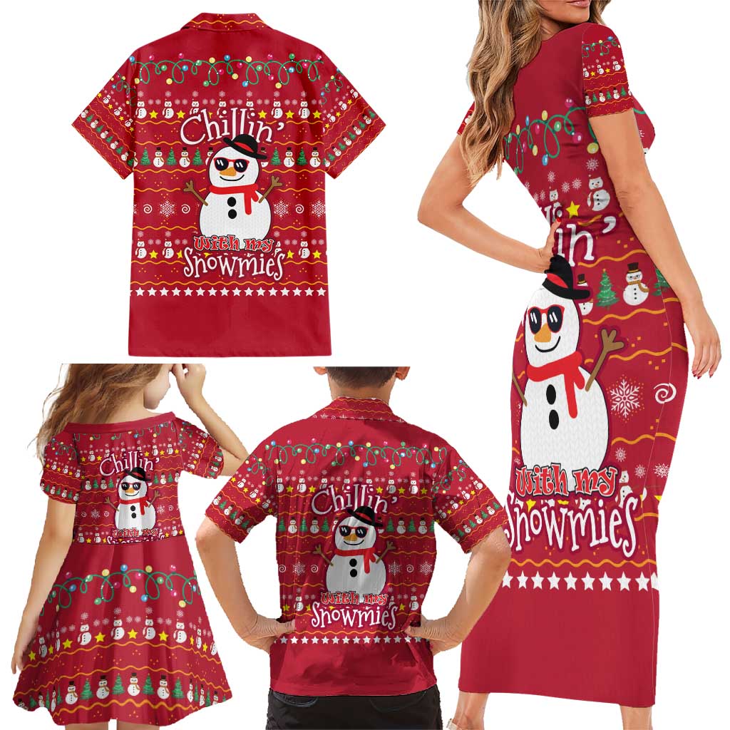 Christmas Chillin With My Snowmies Family Matching Short Sleeve Bodycon Dress and Hawaiian Shirt Cool Snowman Red Snowflake Light String - Wonder Print Shop