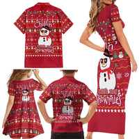 Christmas Chillin With My Snowmies Family Matching Short Sleeve Bodycon Dress and Hawaiian Shirt Cool Snowman Red Snowflake Light String - Wonder Print Shop