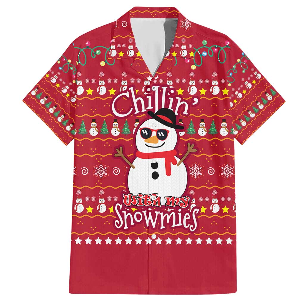 Christmas Chillin With My Snowmies Family Matching Short Sleeve Bodycon Dress and Hawaiian Shirt Cool Snowman Red Snowflake Light String - Wonder Print Shop