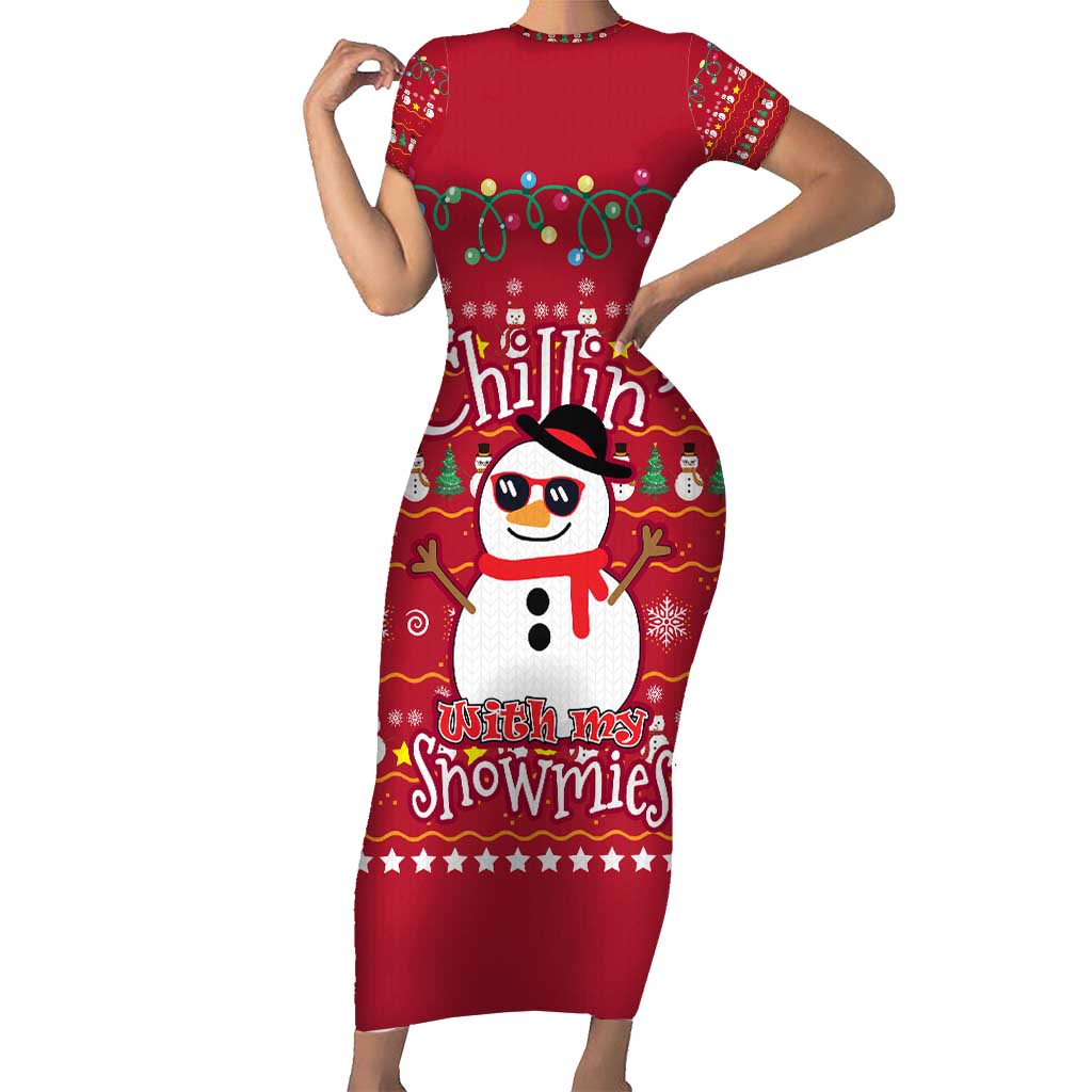 Christmas Chillin With My Snowmies Family Matching Short Sleeve Bodycon Dress and Hawaiian Shirt Cool Snowman Red Snowflake Light String - Wonder Print Shop