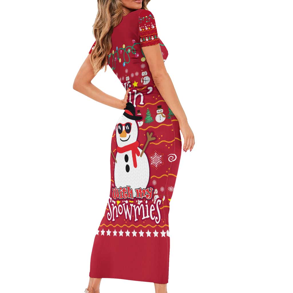 Christmas Chillin With My Snowmies Family Matching Short Sleeve Bodycon Dress and Hawaiian Shirt Cool Snowman Red Snowflake Light String - Wonder Print Shop