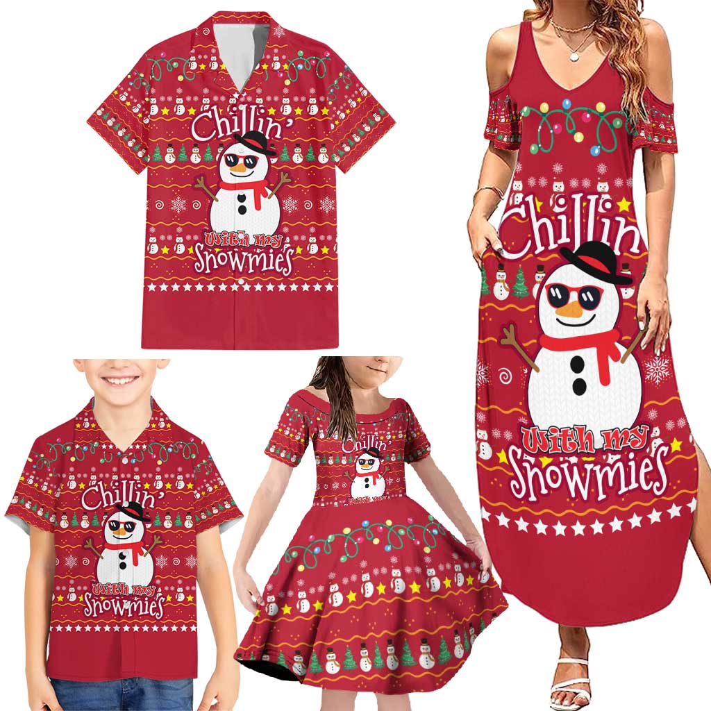 Christmas Chillin With My Snowmies Family Matching Summer Maxi Dress and Hawaiian Shirt Cool Snowman Red Snowflake Light String - Wonder Print Shop