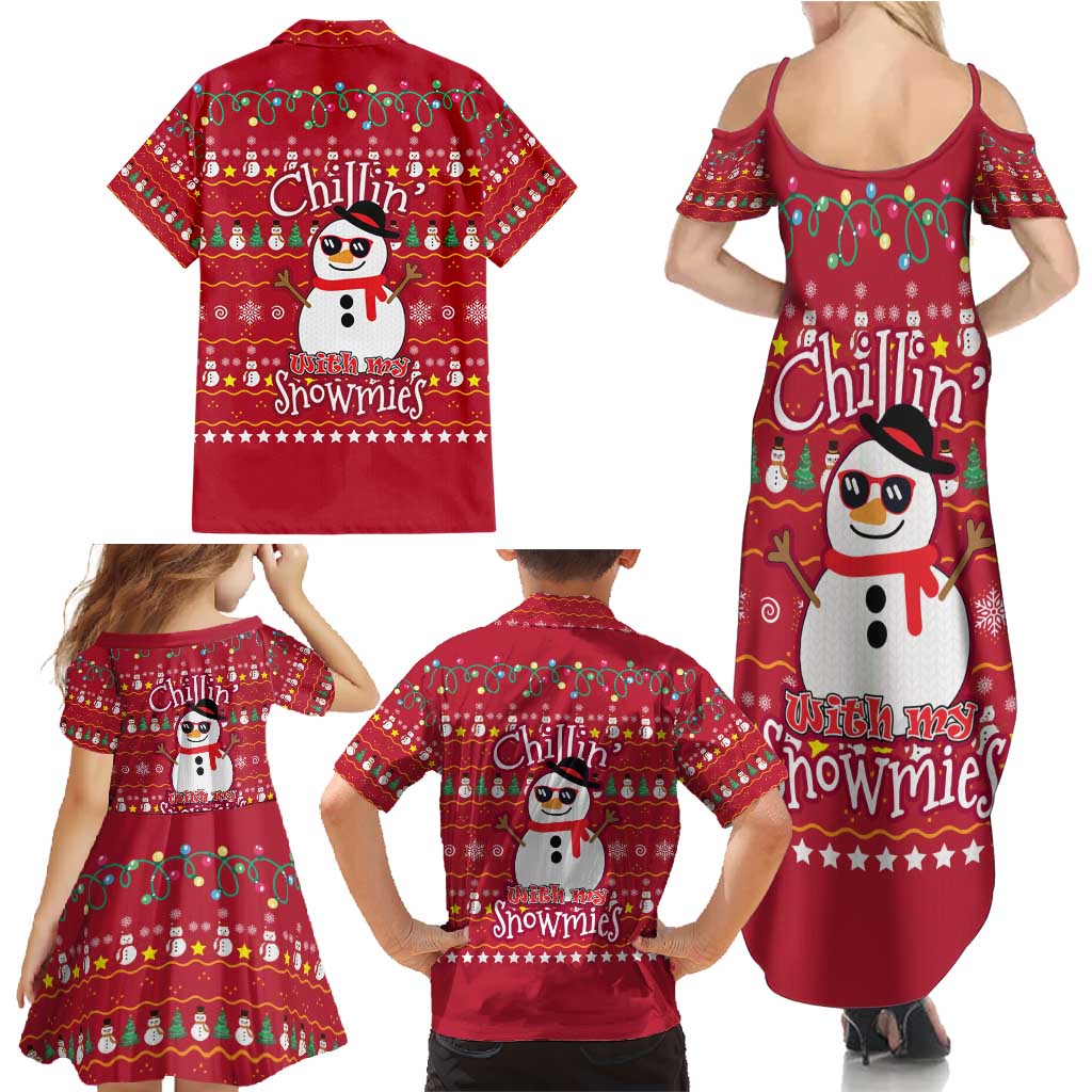 Christmas Chillin With My Snowmies Family Matching Summer Maxi Dress and Hawaiian Shirt Cool Snowman Red Snowflake Light String - Wonder Print Shop