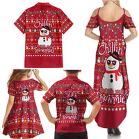 Christmas Chillin With My Snowmies Family Matching Summer Maxi Dress and Hawaiian Shirt Cool Snowman Red Snowflake Light String - Wonder Print Shop
