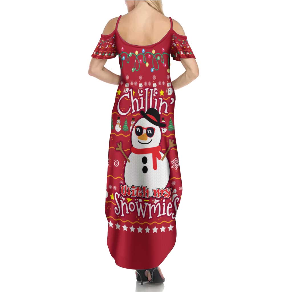 Christmas Chillin With My Snowmies Family Matching Summer Maxi Dress and Hawaiian Shirt Cool Snowman Red Snowflake Light String - Wonder Print Shop