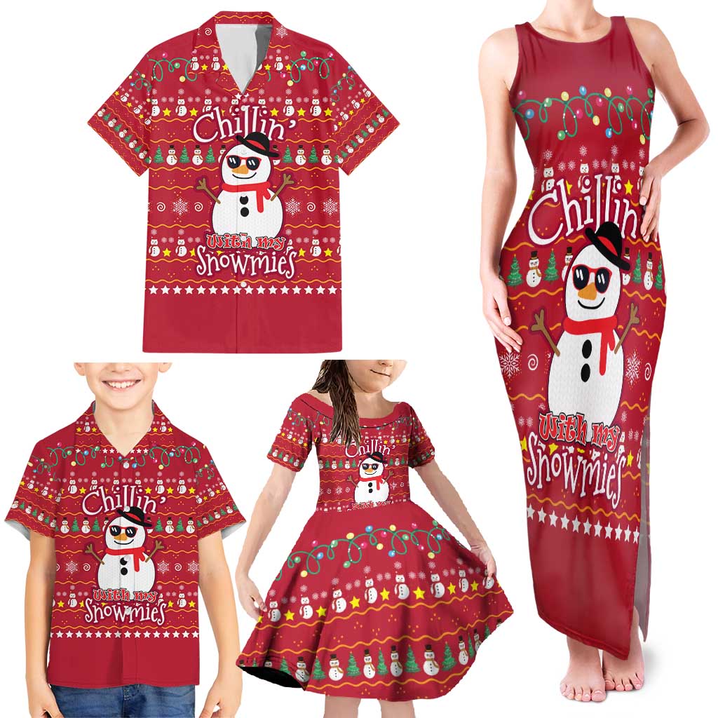 Christmas Chillin With My Snowmies Family Matching Tank Maxi Dress and Hawaiian Shirt Cool Snowman Red Snowflake Light String - Wonder Print Shop
