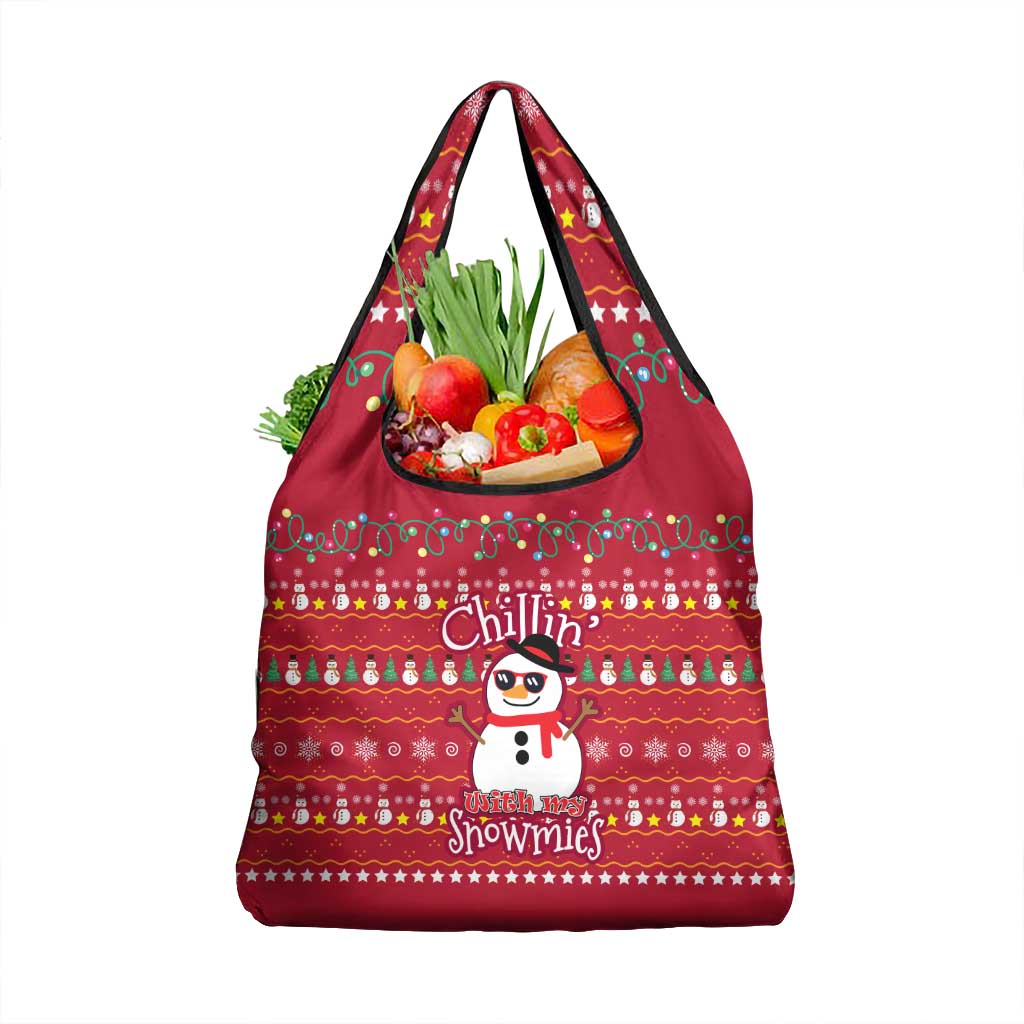 Christmas Chillin With My Snowmies Grocery Bag Cool Snowman Red Snowflake Light String - Wonder Print Shop