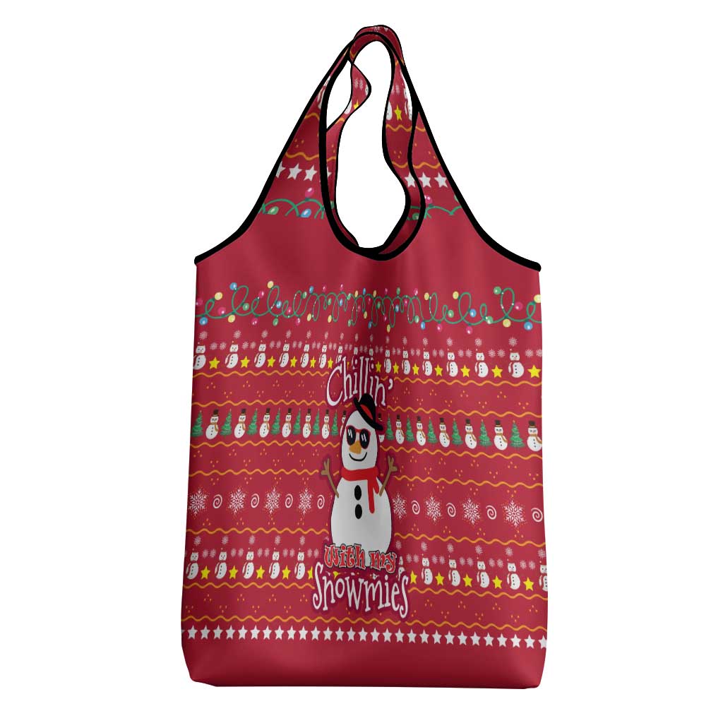 Christmas Chillin With My Snowmies Grocery Bag Cool Snowman Red Snowflake Light String - Wonder Print Shop