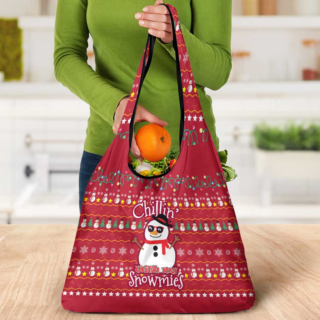 Christmas Chillin With My Snowmies Grocery Bag Cool Snowman Red Snowflake Light String - Wonder Print Shop