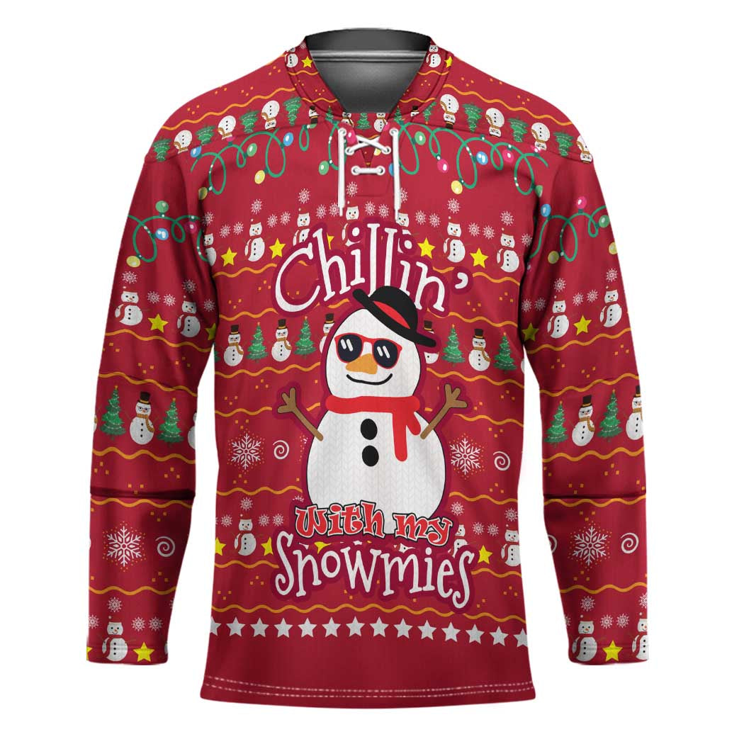 Christmas Chillin With My Snowmies Hockey Jersey Cool Snowman Red Snowflake Light String - Wonder Print Shop