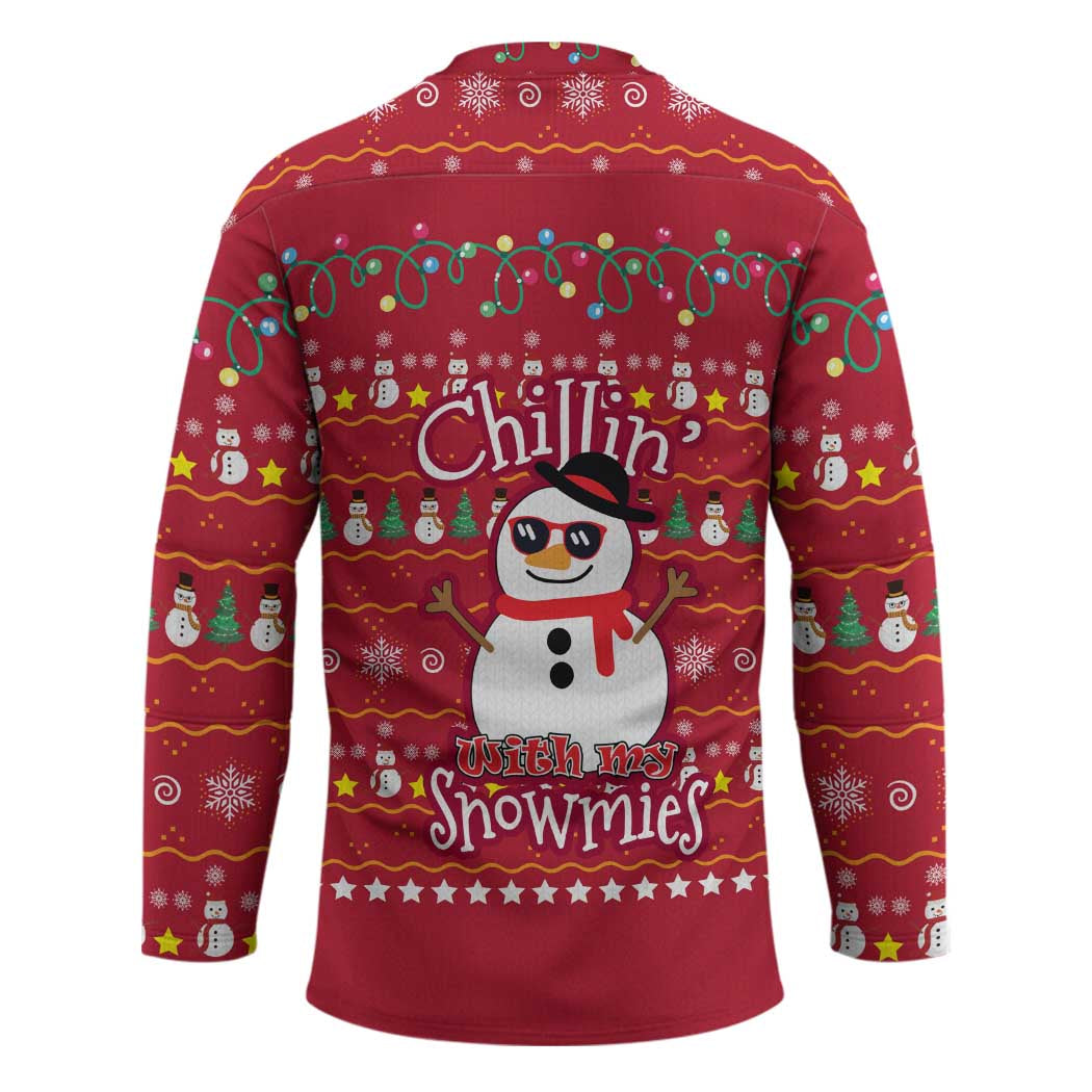 Christmas Chillin With My Snowmies Hockey Jersey Cool Snowman Red Snowflake Light String - Wonder Print Shop