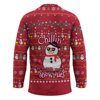 Christmas Chillin With My Snowmies Hockey Jersey Cool Snowman Red Snowflake Light String - Wonder Print Shop