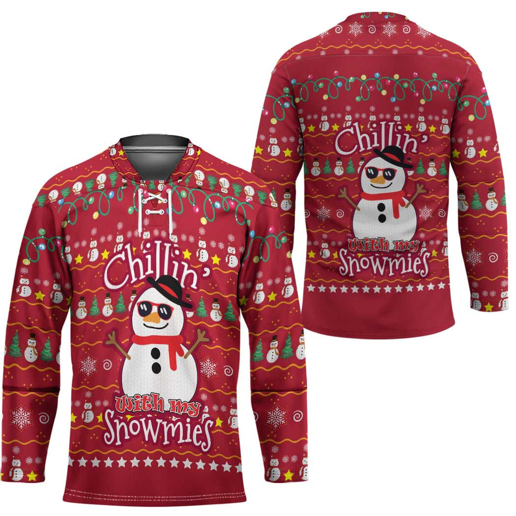 Christmas Chillin With My Snowmies Hockey Jersey Cool Snowman Red Snowflake Light String - Wonder Print Shop