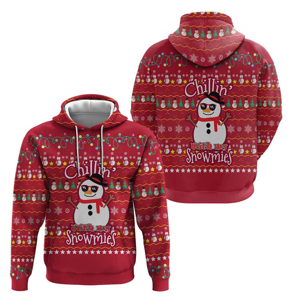 Christmas Chillin With My Snowmies Hoodie Cool Snowman Red Snowflake Light String - Wonder Print Shop