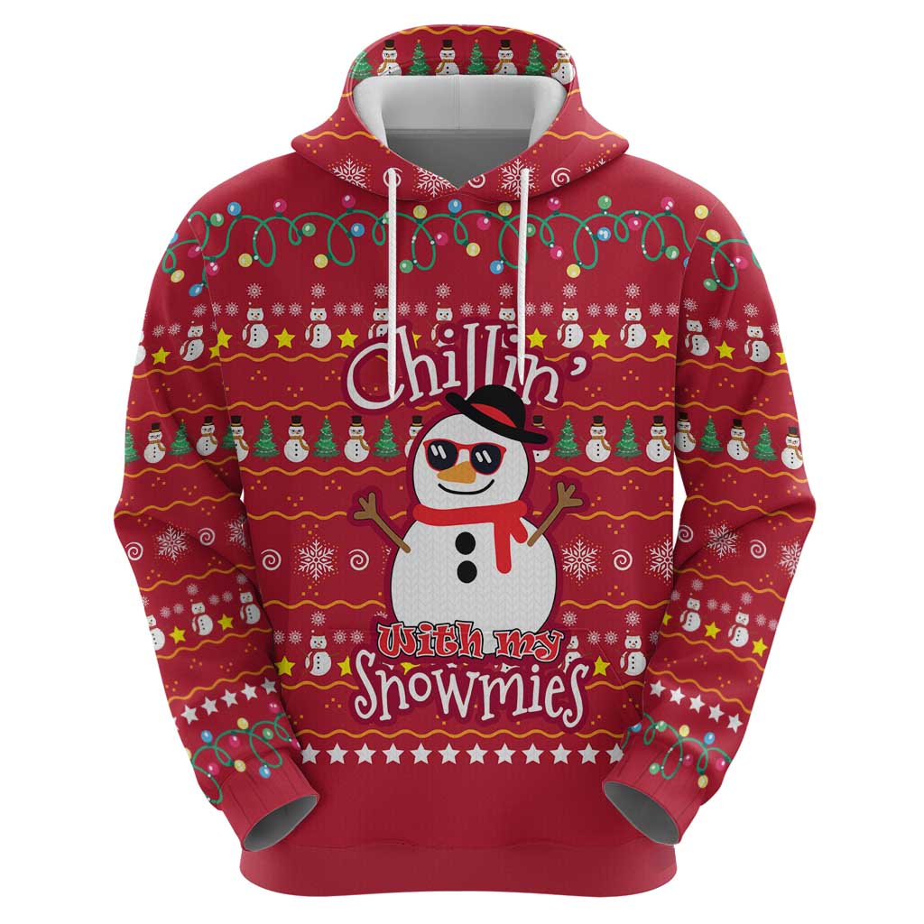 Christmas Chillin With My Snowmies Hoodie Cool Snowman Red Snowflake Light String - Wonder Print Shop