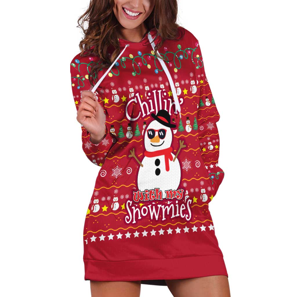 Christmas Chillin With My Snowmies Hoodie Dress Cool Snowman Red Snowflake Light String - Wonder Print Shop