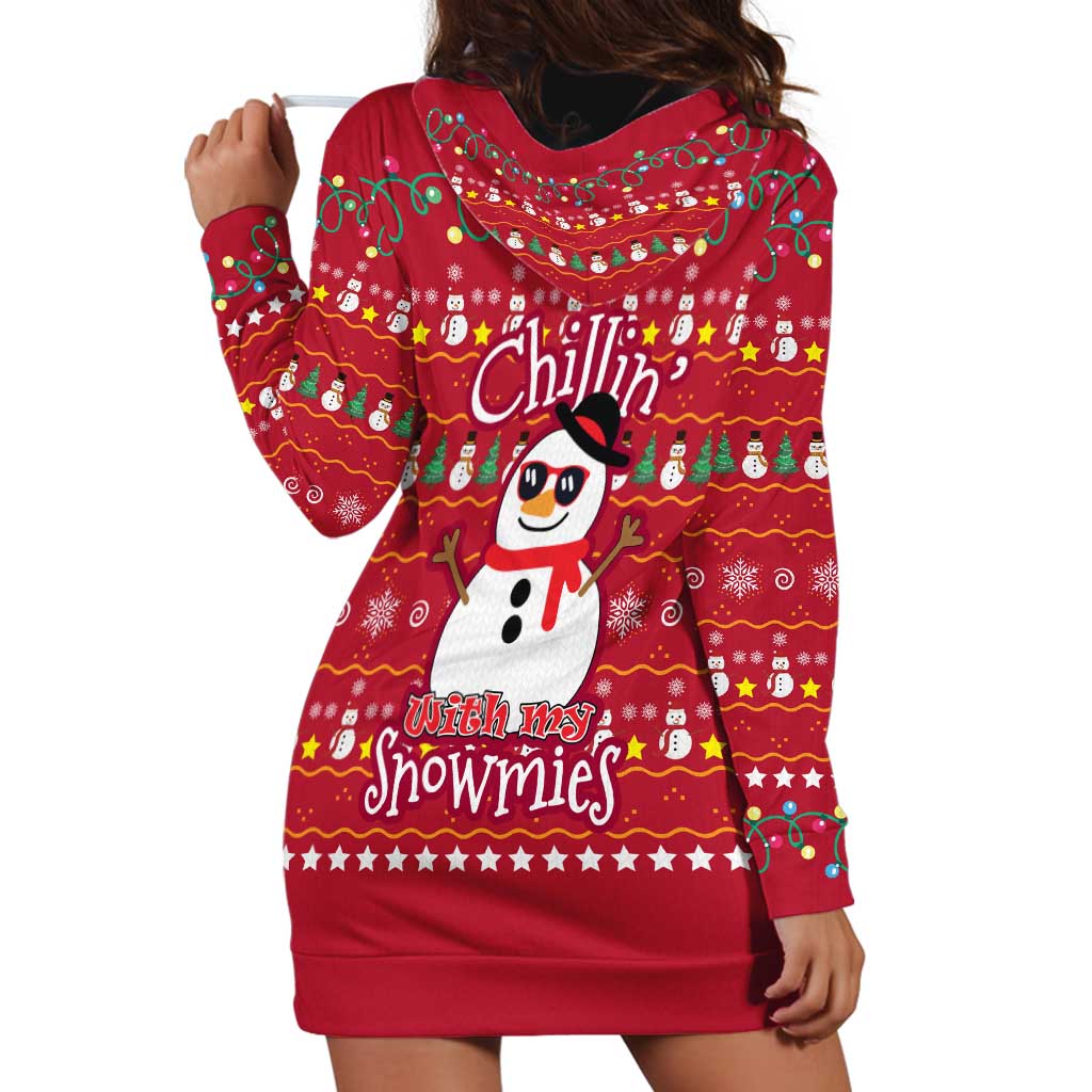 Christmas Chillin With My Snowmies Hoodie Dress Cool Snowman Red Snowflake Light String - Wonder Print Shop