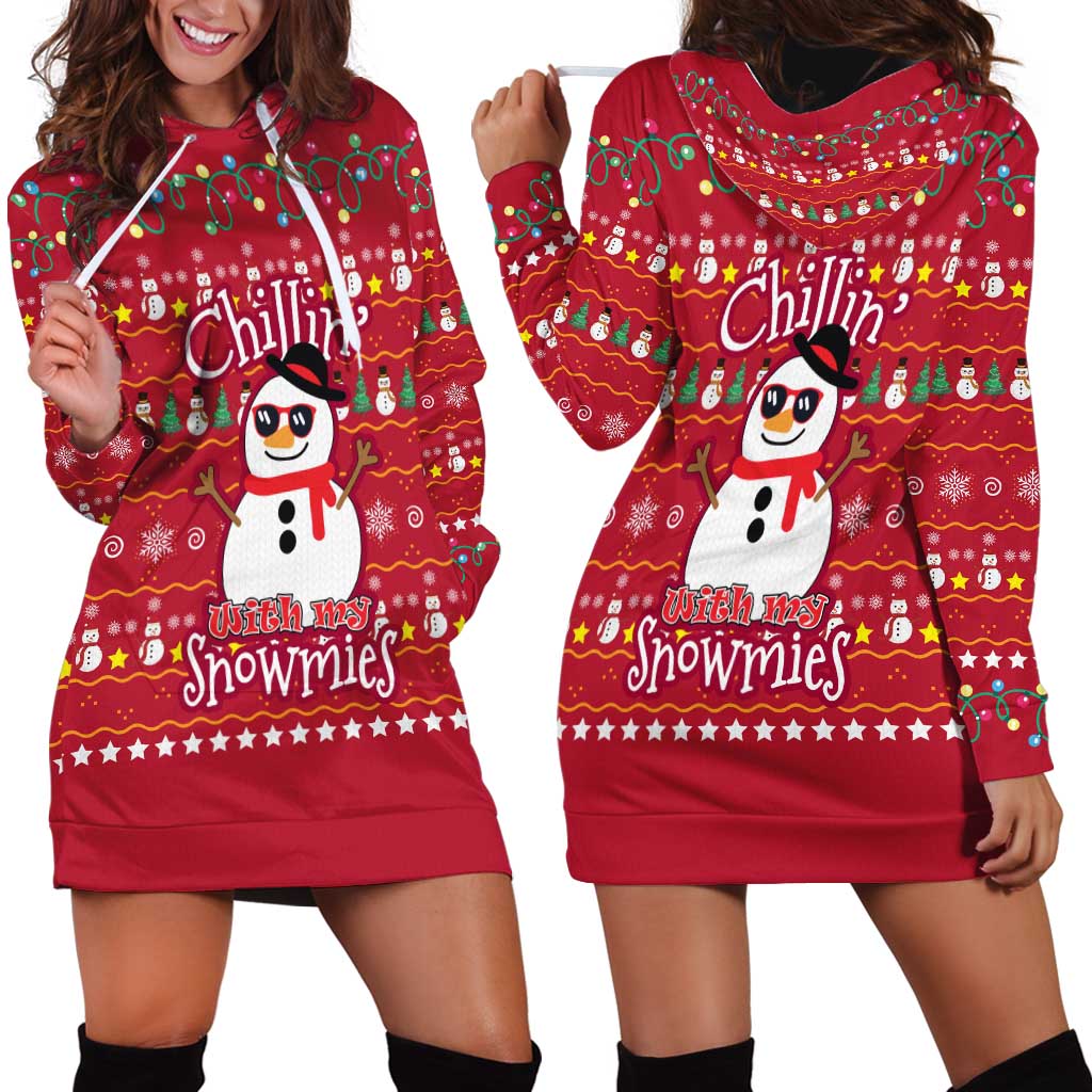 Christmas Chillin With My Snowmies Hoodie Dress Cool Snowman Red Snowflake Light String - Wonder Print Shop