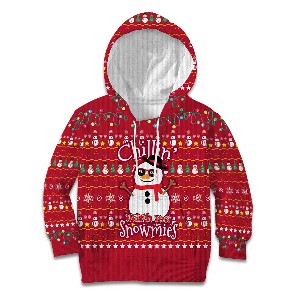 Christmas Chillin With My Snowmies Kid Hoodie Cool Snowman Red Snowflake Light String - Wonder Print Shop