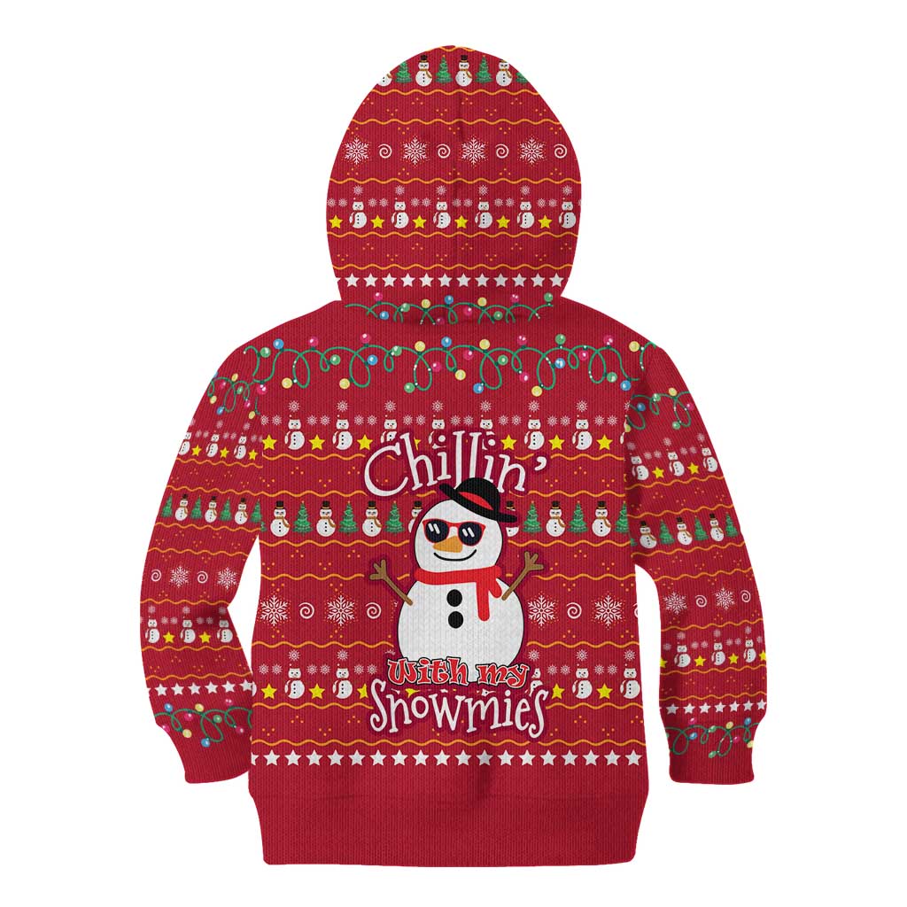Christmas Chillin With My Snowmies Kid Hoodie Cool Snowman Red Snowflake Light String - Wonder Print Shop