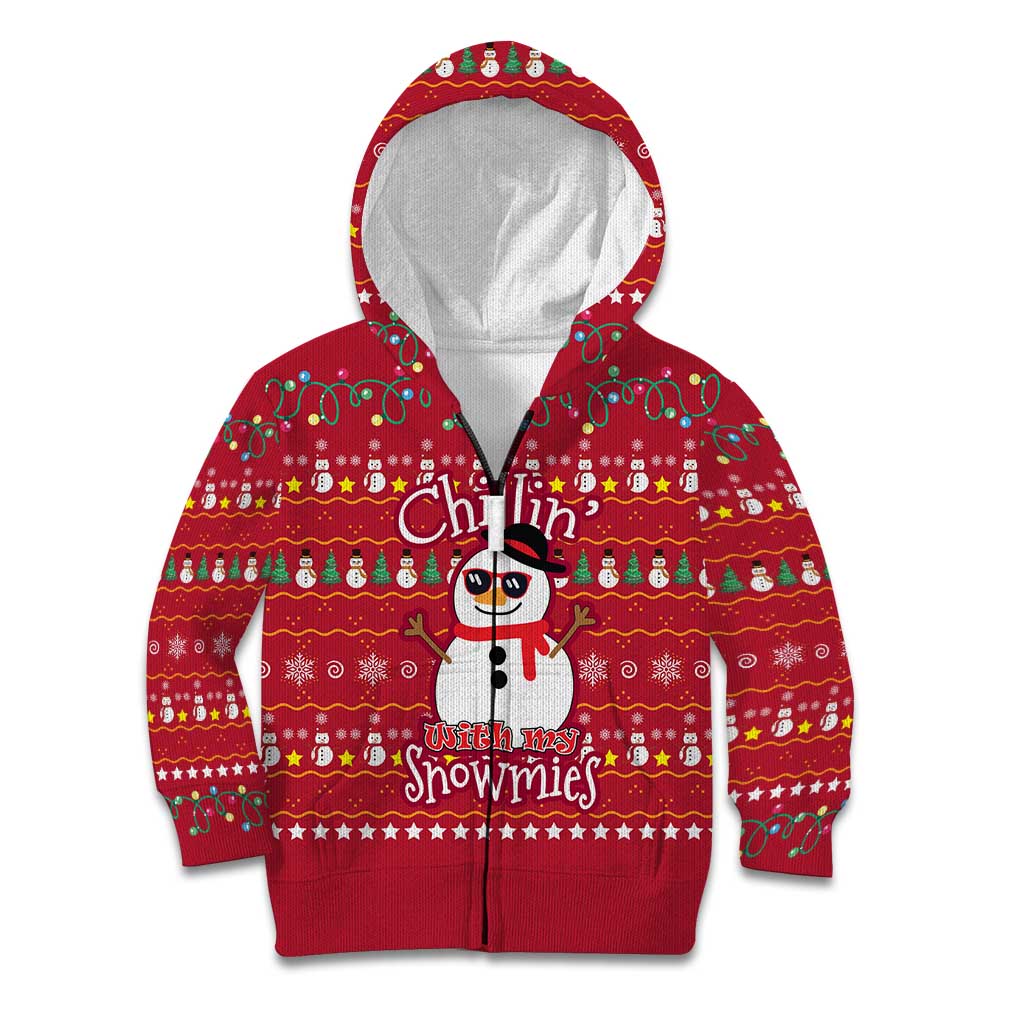Christmas Chillin With My Snowmies Kid Hoodie Cool Snowman Red Snowflake Light String - Wonder Print Shop