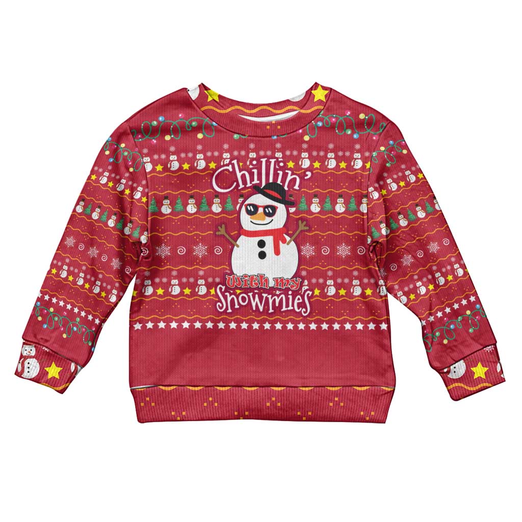 Christmas Chillin With My Snowmies Kid Ugly Christmas Sweater Cool Snowman Red Snowflake Light String - Wonder Print Shop