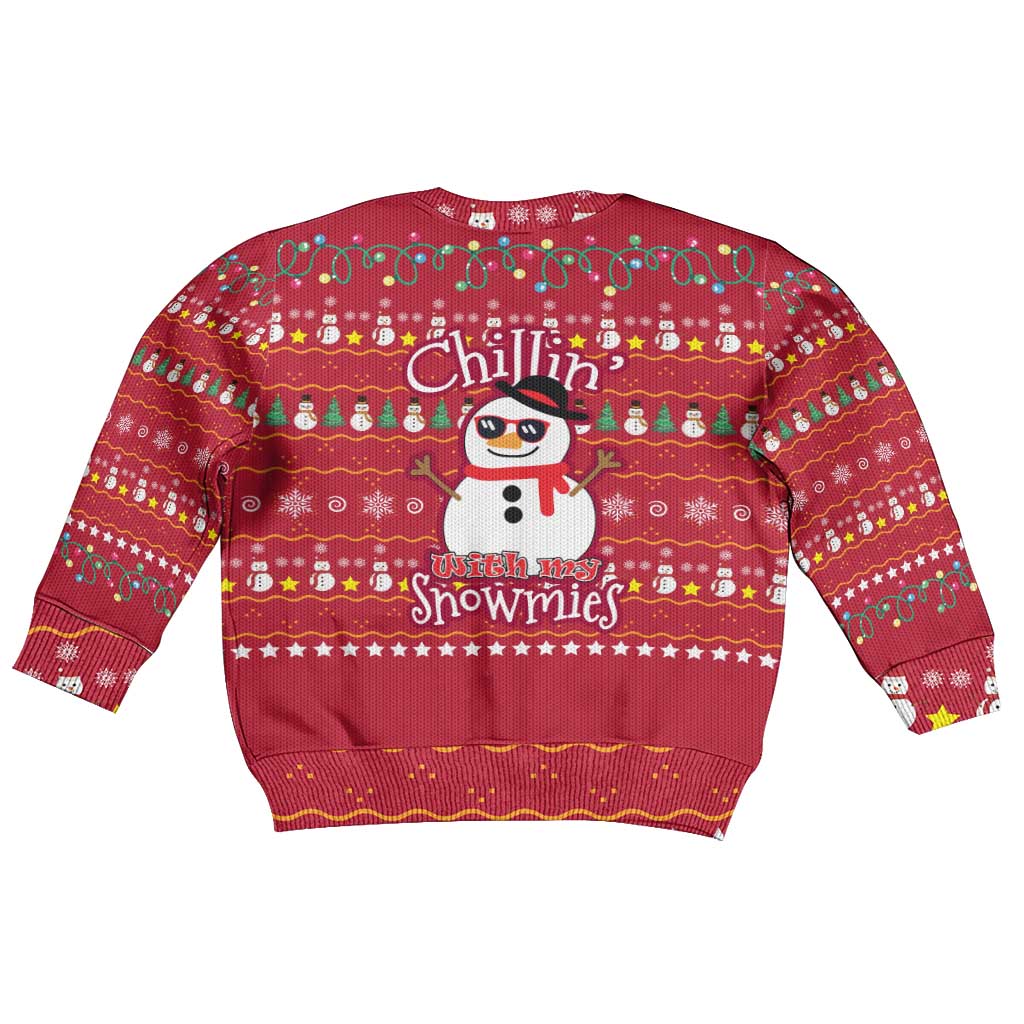 Christmas Chillin With My Snowmies Kid Ugly Christmas Sweater Cool Snowman Red Snowflake Light String - Wonder Print Shop