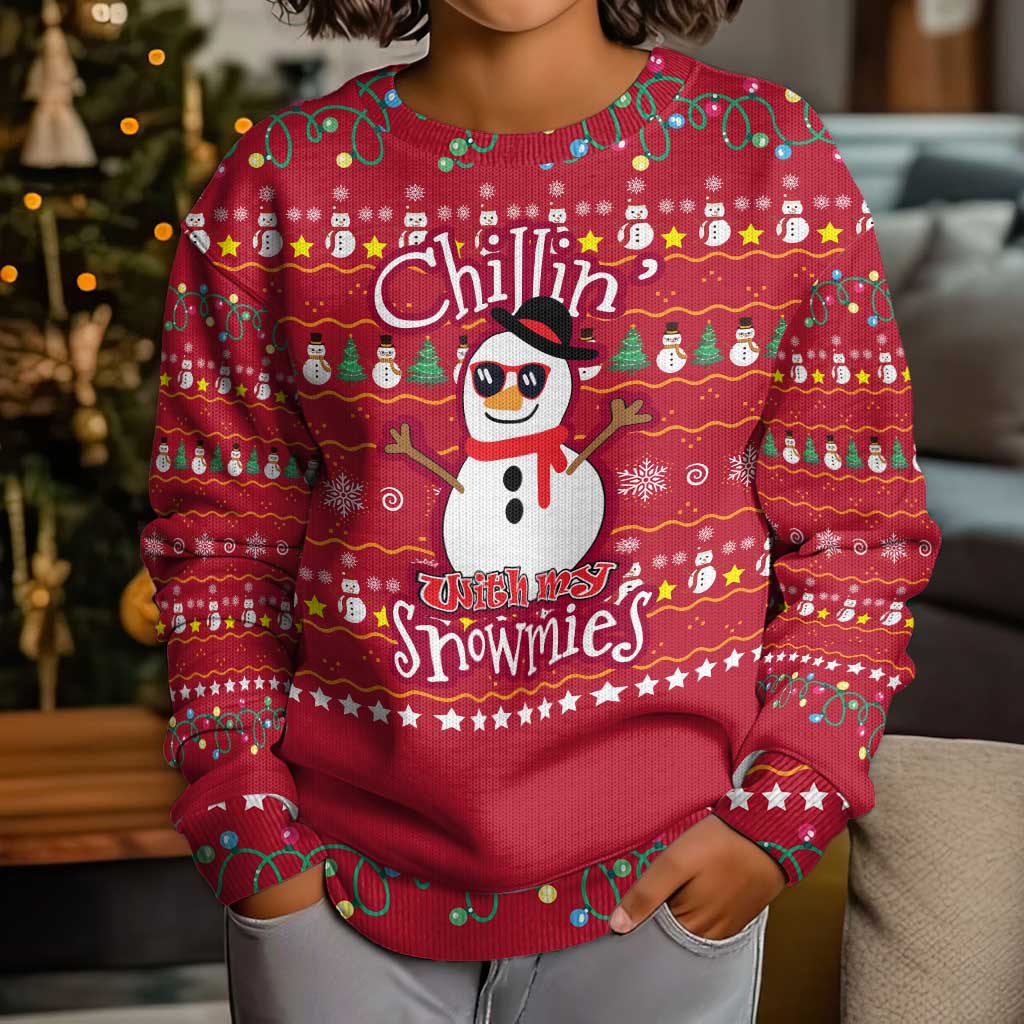 Christmas Chillin With My Snowmies Kid Ugly Christmas Sweater Cool Snowman Red Snowflake Light String - Wonder Print Shop