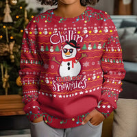 Christmas Chillin With My Snowmies Kid Ugly Christmas Sweater Cool Snowman Red Snowflake Light String - Wonder Print Shop