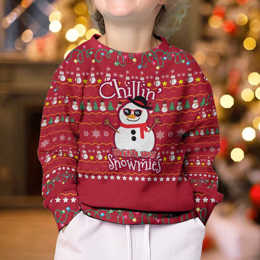 Christmas Chillin With My Snowmies Kid Ugly Christmas Sweater Cool Snowman Red Snowflake Light String - Wonder Print Shop