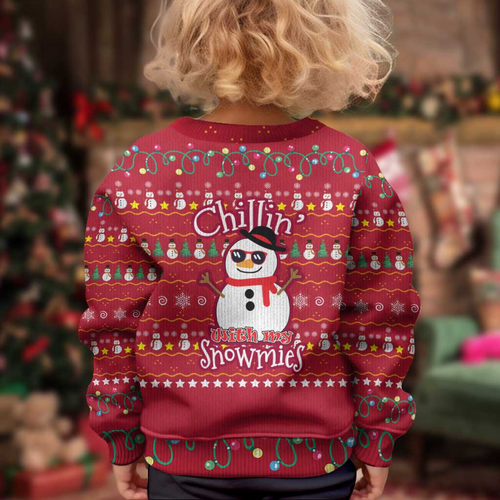 Christmas Chillin With My Snowmies Kid Ugly Christmas Sweater Cool Snowman Red Snowflake Light String - Wonder Print Shop