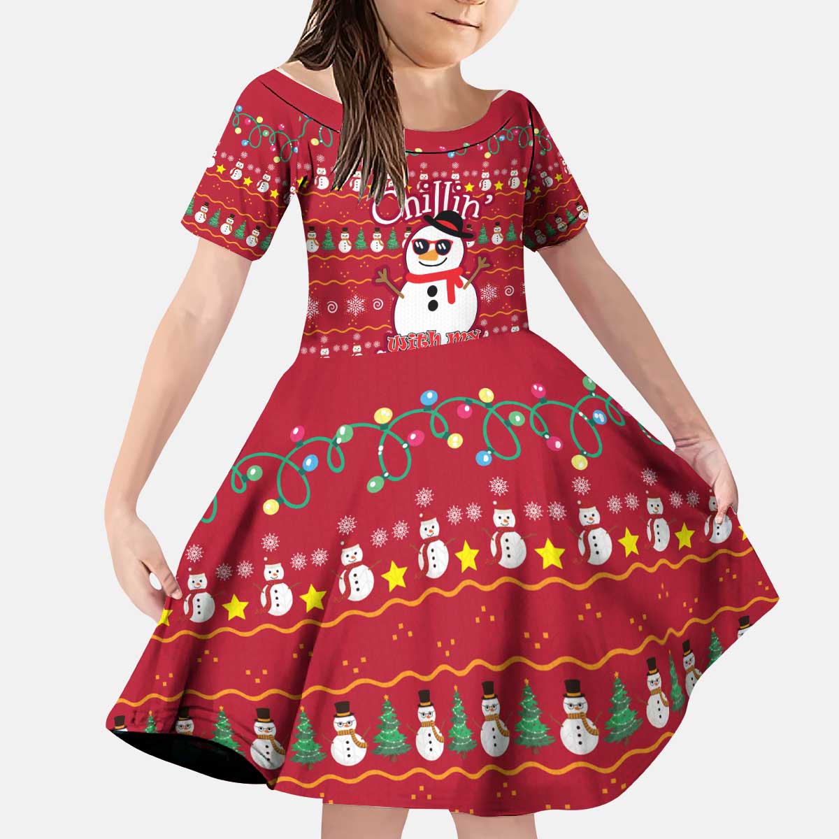 Christmas Chillin With My Snowmies Kid Short Sleeve Dress Cool Snowman Red Snowflake Light String - Wonder Print Shop