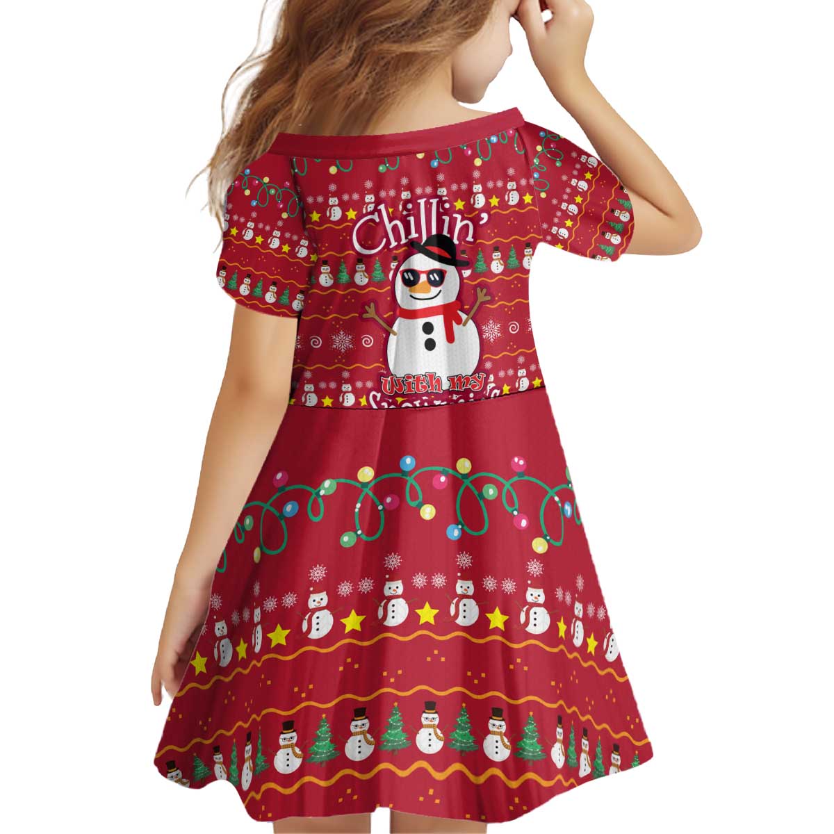 Christmas Chillin With My Snowmies Kid Short Sleeve Dress Cool Snowman Red Snowflake Light String - Wonder Print Shop