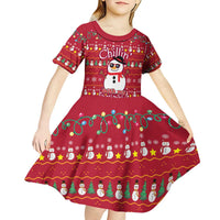 Christmas Chillin With My Snowmies Kid Short Sleeve Dress Cool Snowman Red Snowflake Light String - Wonder Print Shop