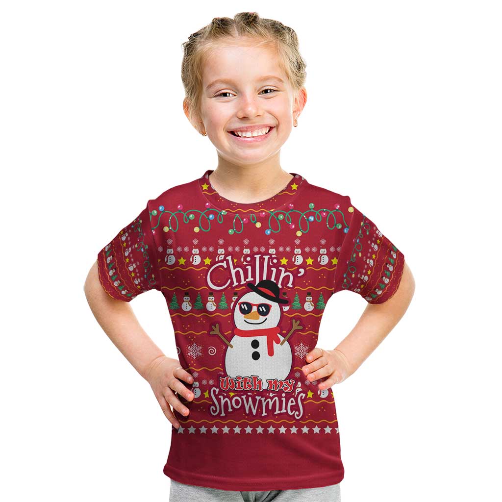 Christmas Chillin With My Snowmies Kid T Shirt Cool Snowman Red Snowflake Light String - Wonder Print Shop