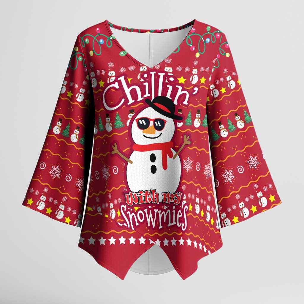 Christmas Chillin With My Snowmies Kimono Sleeve Blouse Cool Snowman Red Snowflake Light String - Wonder Print Shop