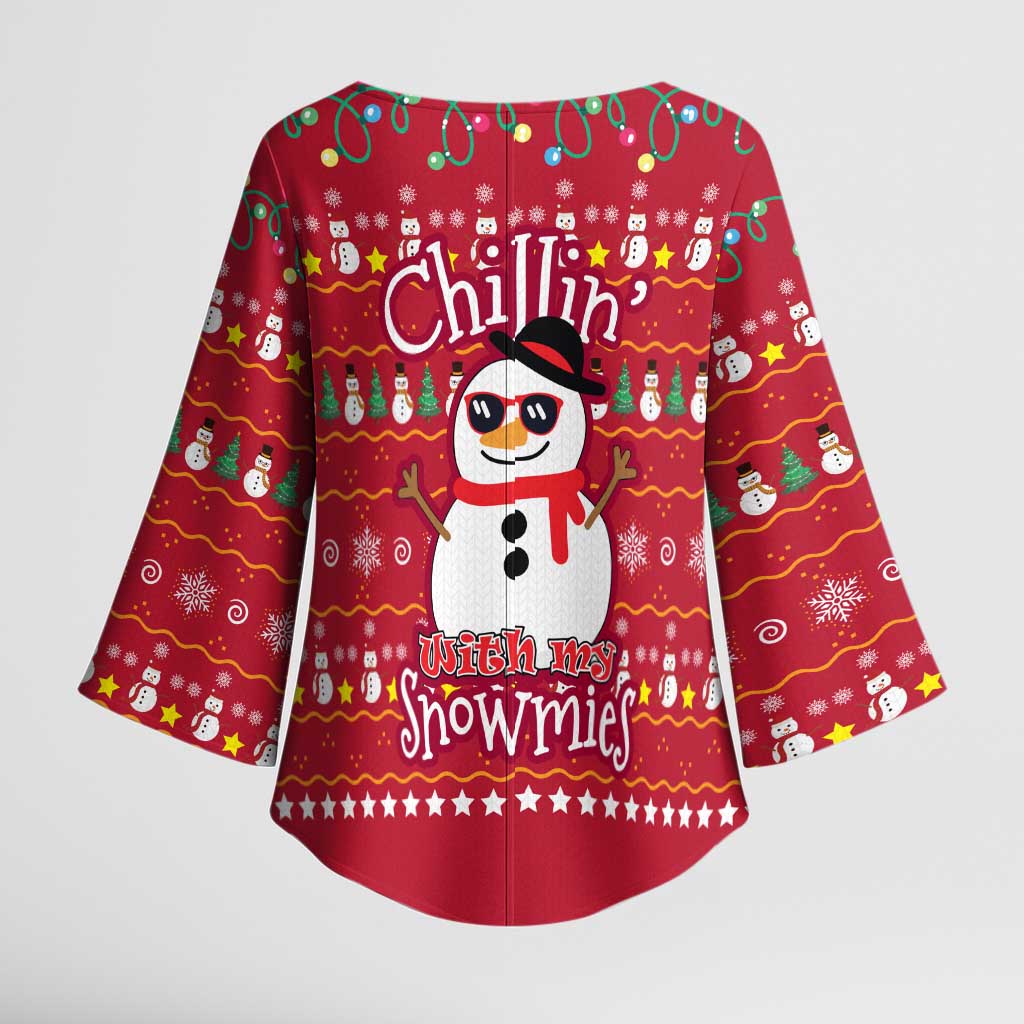 Christmas Chillin With My Snowmies Kimono Sleeve Blouse Cool Snowman Red Snowflake Light String - Wonder Print Shop