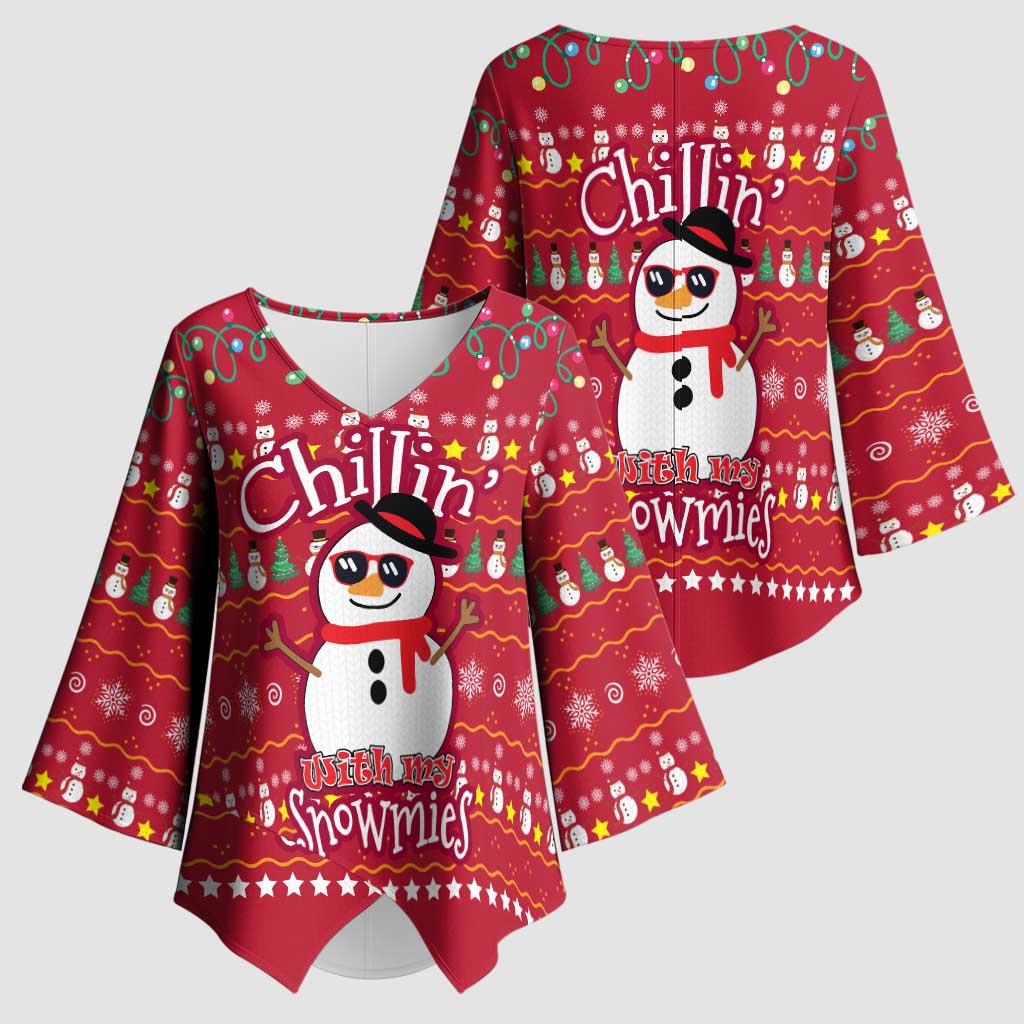 Christmas Chillin With My Snowmies Kimono Sleeve Blouse Cool Snowman Red Snowflake Light String - Wonder Print Shop