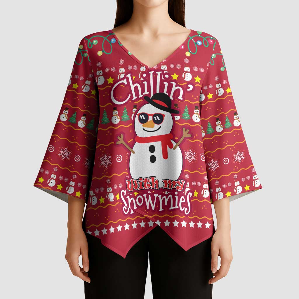 Christmas Chillin With My Snowmies Kimono Sleeve Blouse Cool Snowman Red Snowflake Light String - Wonder Print Shop