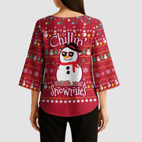 Christmas Chillin With My Snowmies Kimono Sleeve Blouse Cool Snowman Red Snowflake Light String - Wonder Print Shop