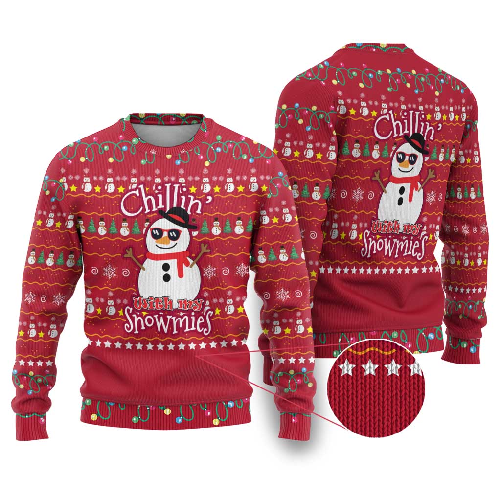 Christmas Chillin With My Snowmies Ugly Christmas Sweater Cool Snowman Red Snowflake Light String - Wonder Print Shop
