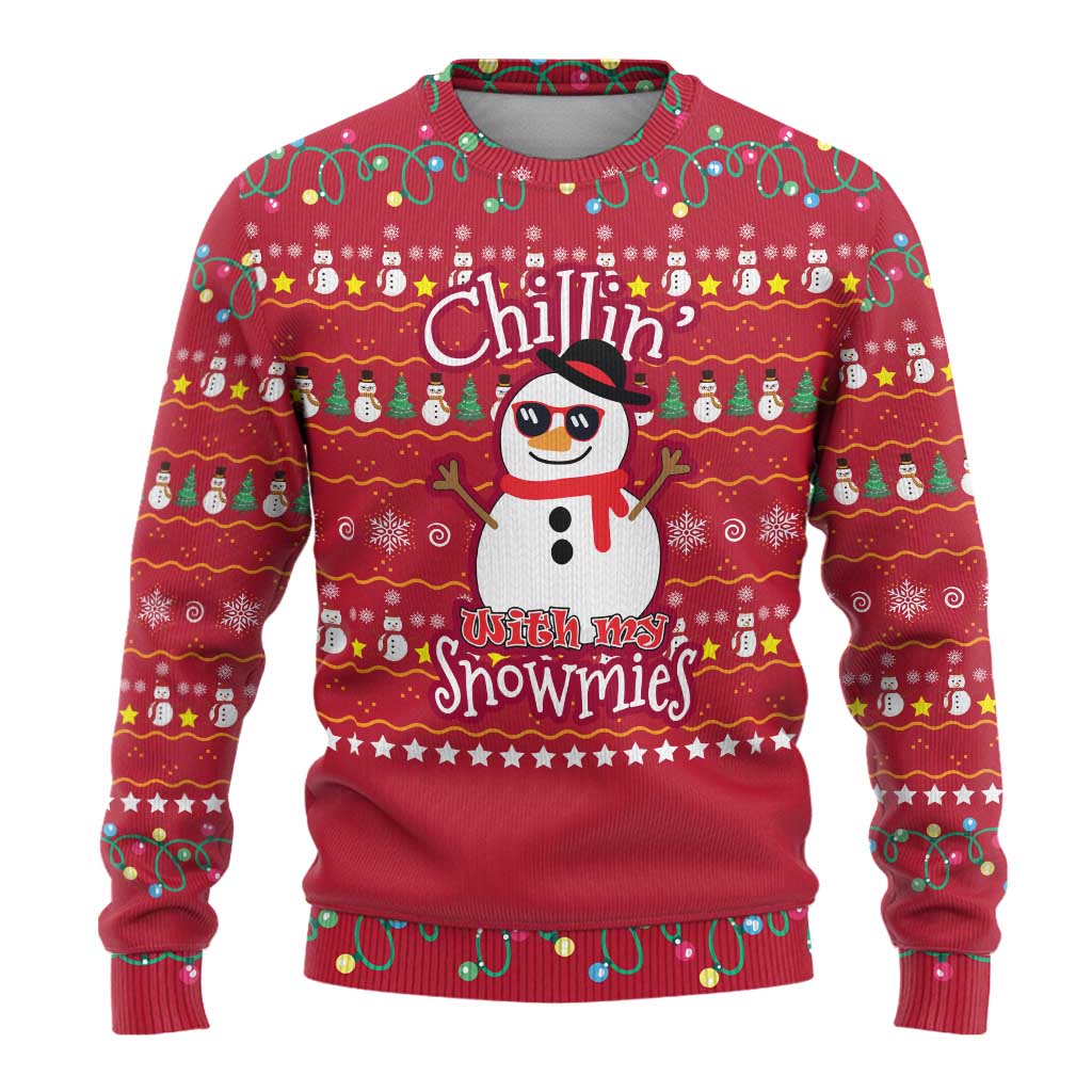Christmas Chillin With My Snowmies Ugly Christmas Sweater Cool Snowman Red Snowflake Light String - Wonder Print Shop