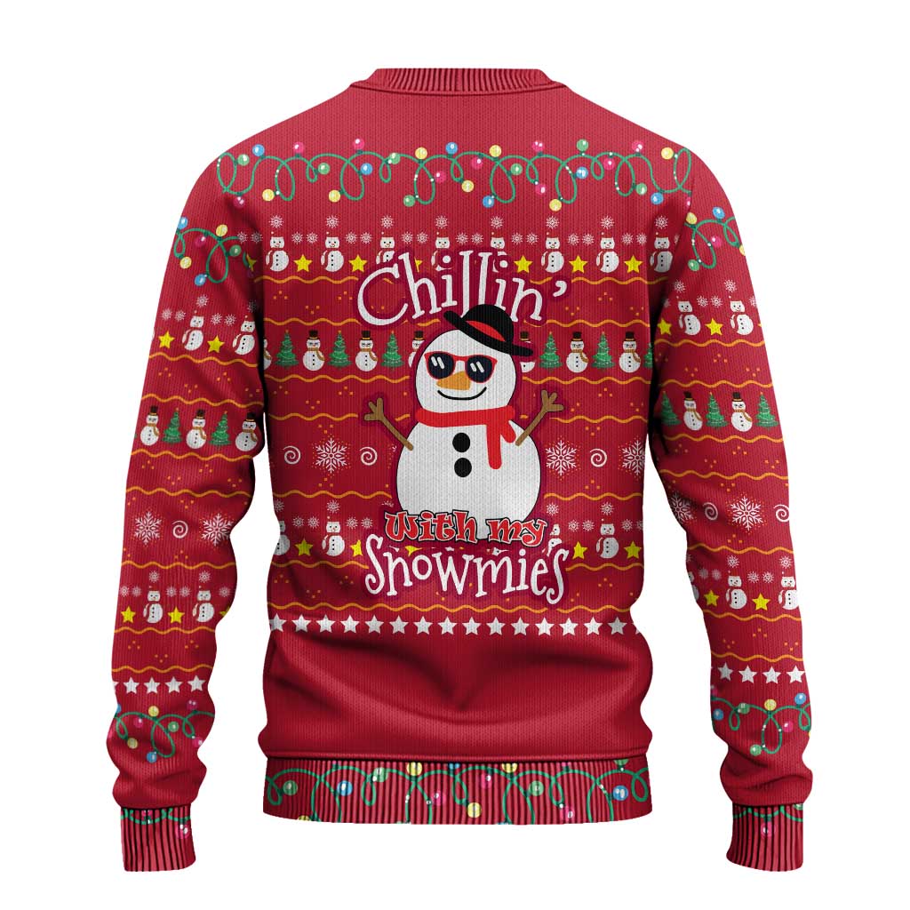 Christmas Chillin With My Snowmies Ugly Christmas Sweater Cool Snowman Red Snowflake Light String - Wonder Print Shop