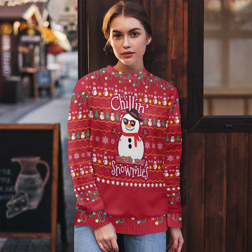 Christmas Chillin With My Snowmies Ugly Christmas Sweater Cool Snowman Red Snowflake Light String - Wonder Print Shop