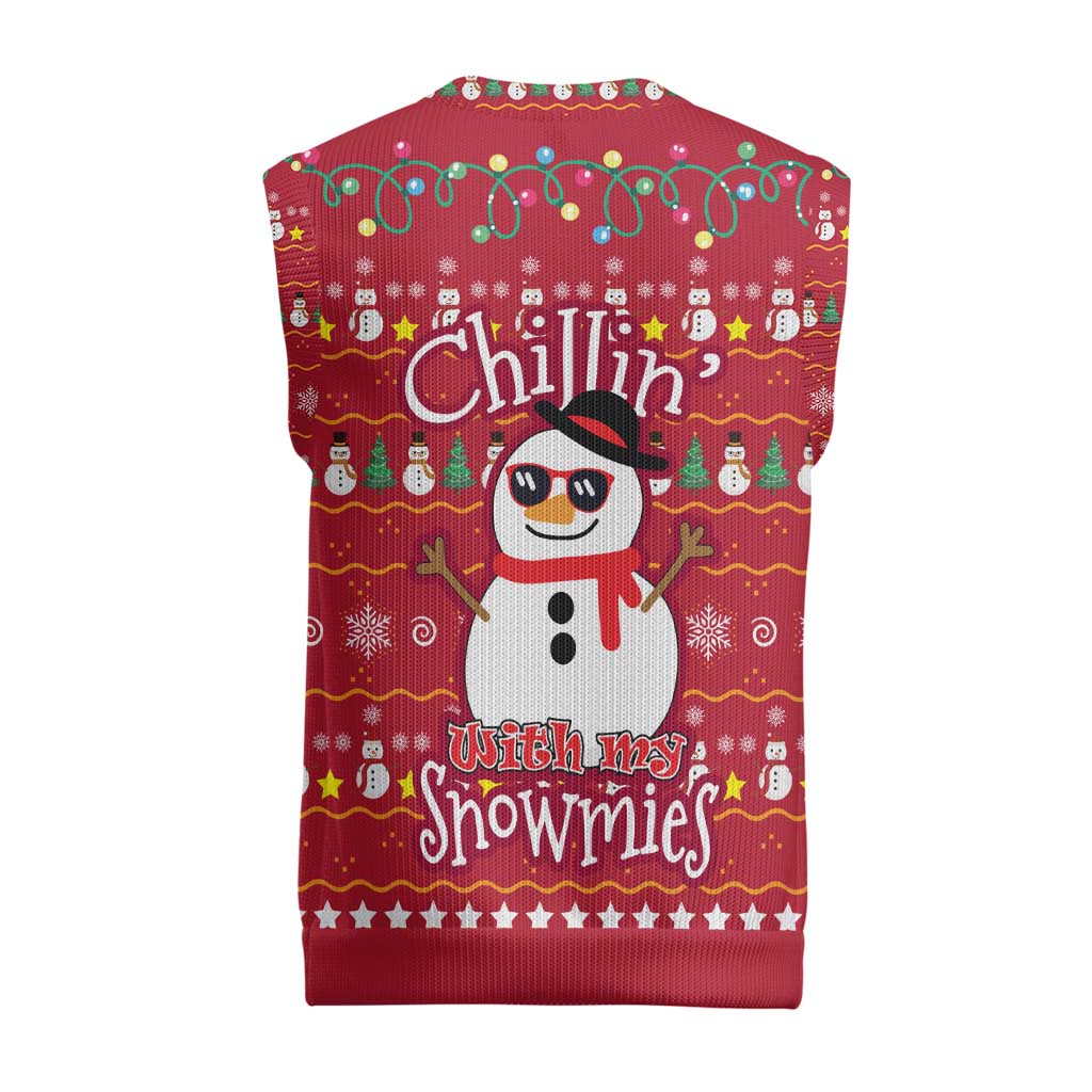 Christmas Chillin With My Snowmies Christmas Knitted V-Neck Vest Cool Snowman Red Snowflake Light String - Wonder Print Shop