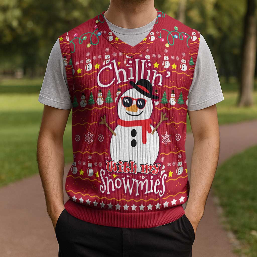 Christmas Chillin With My Snowmies Christmas Knitted V-Neck Vest Cool Snowman Red Snowflake Light String - Wonder Print Shop