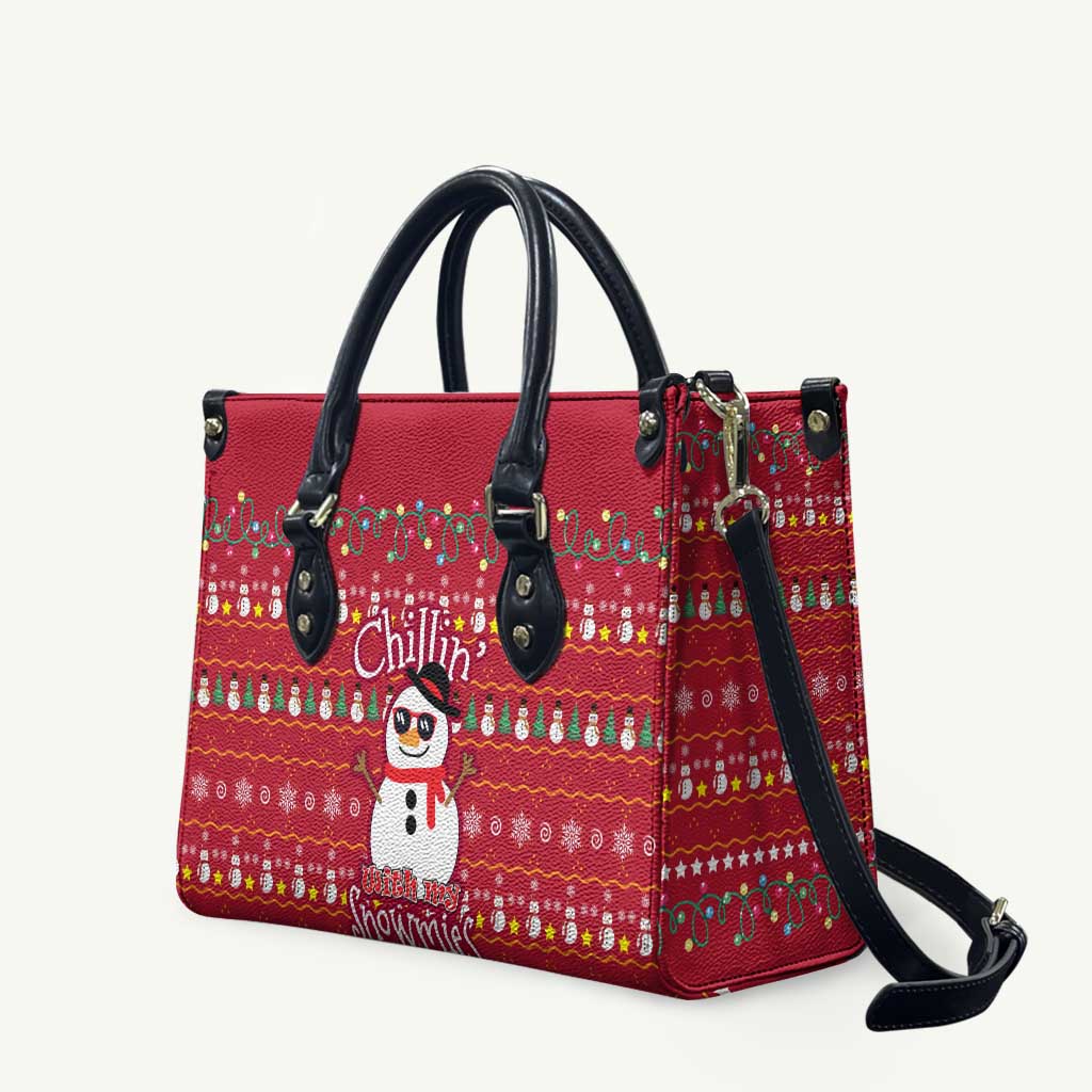 Christmas Chillin With My Snowmies Leather Bag Cool Snowman Red Snowflake Light String - Wonder Print Shop