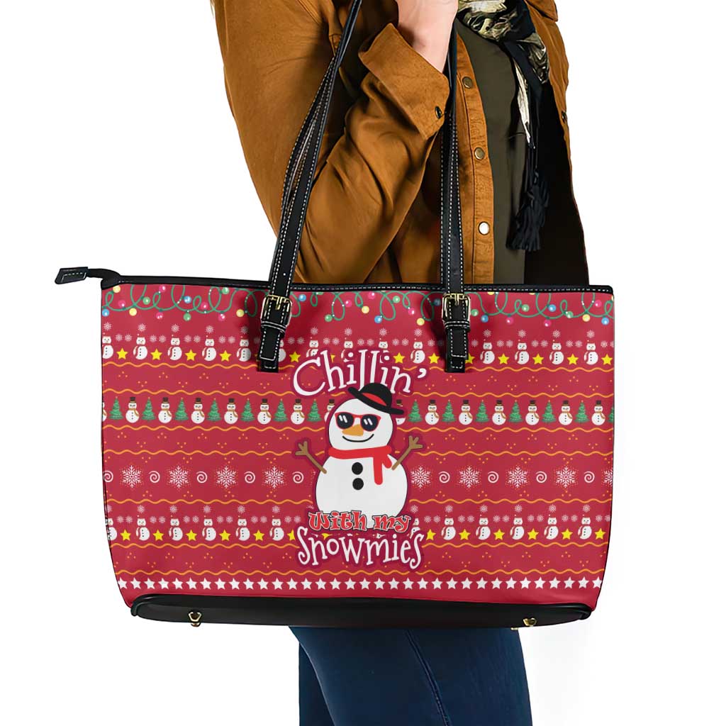 Christmas Chillin With My Snowmies Leather Tote Bag Cool Snowman Red Snowflake Light String - Wonder Print Shop